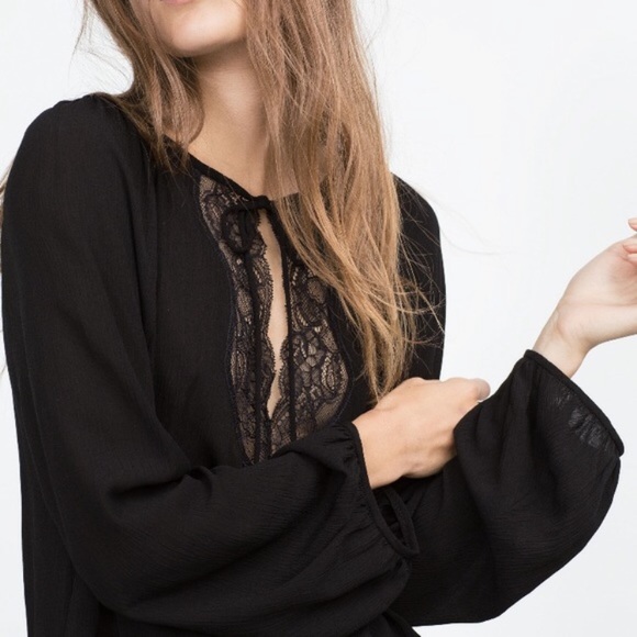 Zara Tops - ZARA Black Lace & Tie-Front Blouse